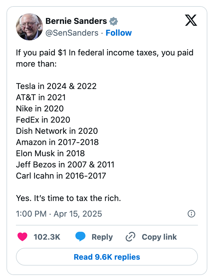 Summary of a Bernie Sanders tweet about companies and individuals paying little to no federal income taxes, urging to tax the rich