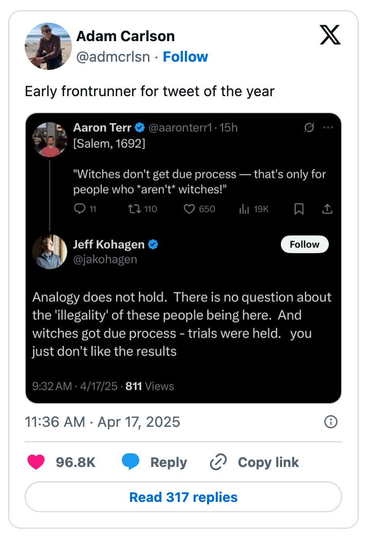 Tweet interaction discussing the legality of witch trials with humorous commentary on due process and witches not "being witches."