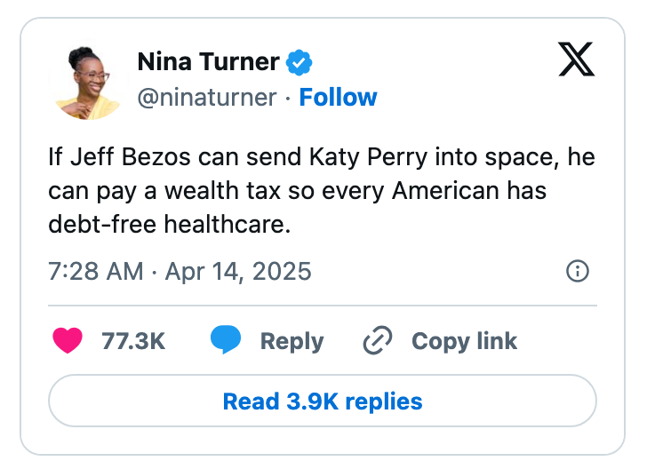 Tweet by Nina Turner advocating for a wealth tax to fund debt-free healthcare, referencing Jeff Bezos and Katy Perry