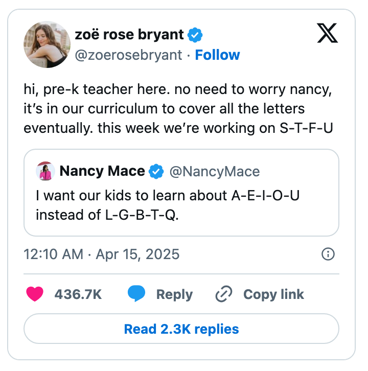 Social media post humorously comments on a tweet advocating vowel learning over LGBTQ topics, referencing educational priorities