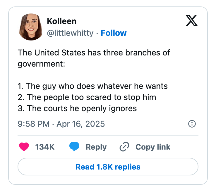 Social media post humorously criticizing the U.S. government by describing its branches as individuals acting recklessly or fearfully
