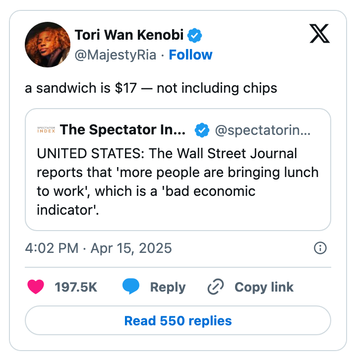 Tweet questioning high sandwich price, $17, excluding chips, referencing a report calling more people needing work a 'bad economic indicator.'