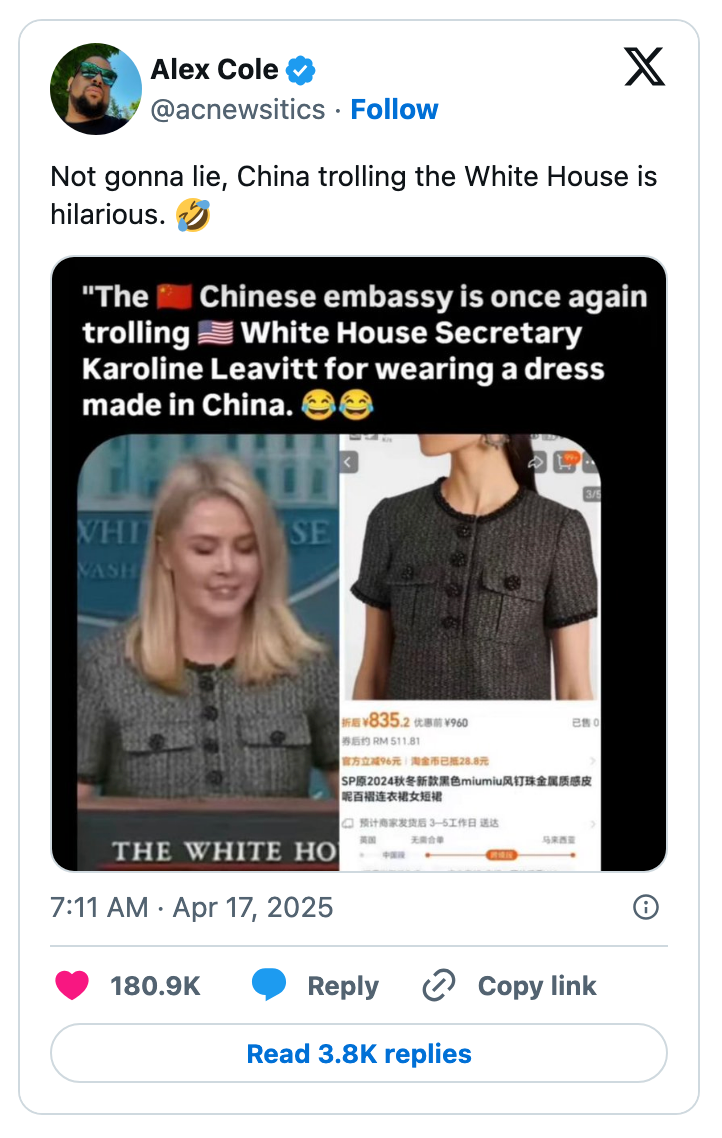 Split image showing a news post about White House Secretary Karoline Leavitt wearing a dress made in China, and a screenshot of the dress on a shopping site