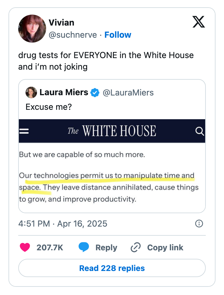 Screenshot of tweets where Vivian suggests drug tests for everyone in the White House, quoting a tweet about technology manipulating time and space