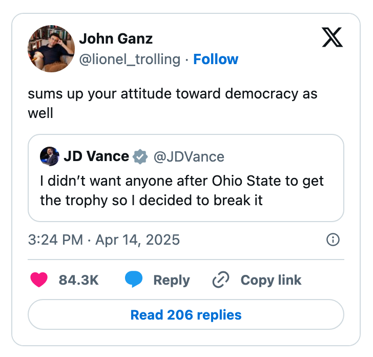 Social media post commenting on a tweet by JD Vance about breaking a trophy after an Ohio State game