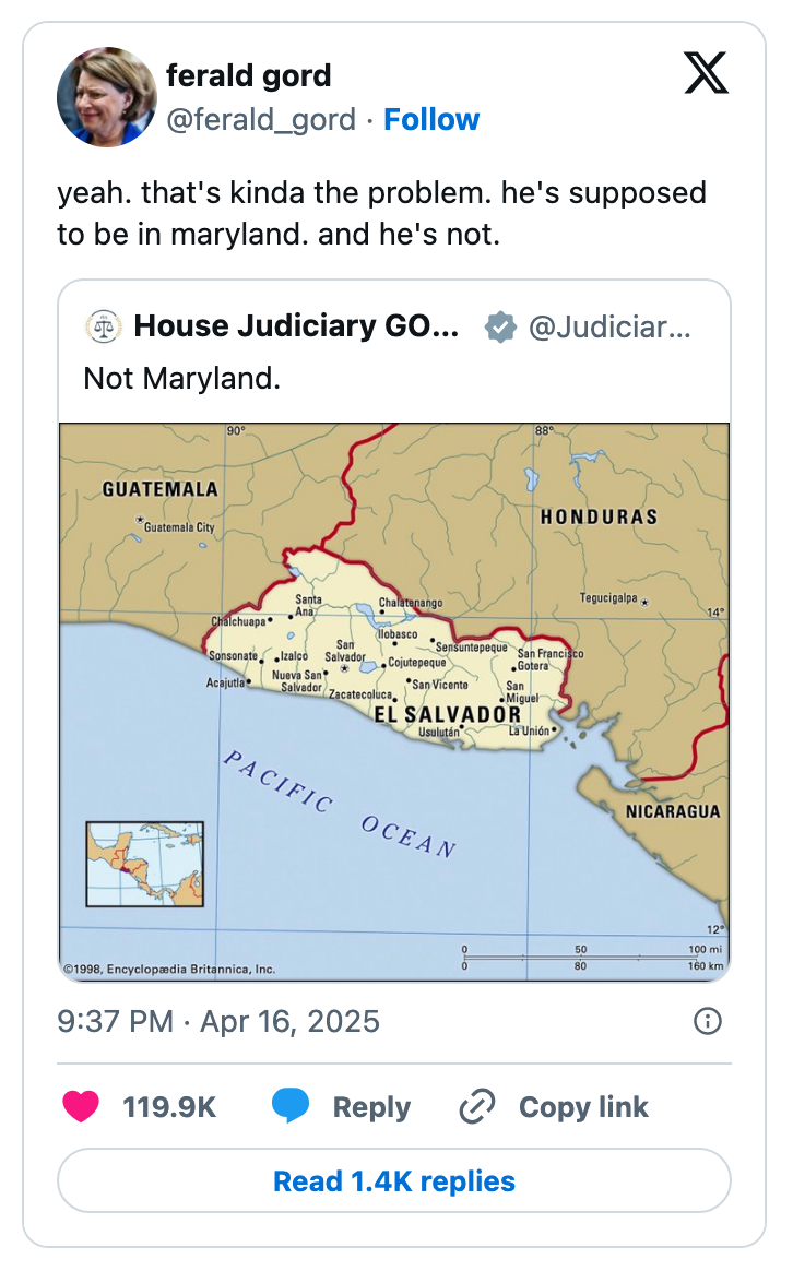 Tweet about a geographical mistake showing El Salvador instead of Maryland on a map, highlighting a humorous observation