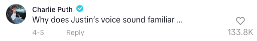 Comment by verified user: "Why does Justin's voice sound familiar…" with 133.8K likes