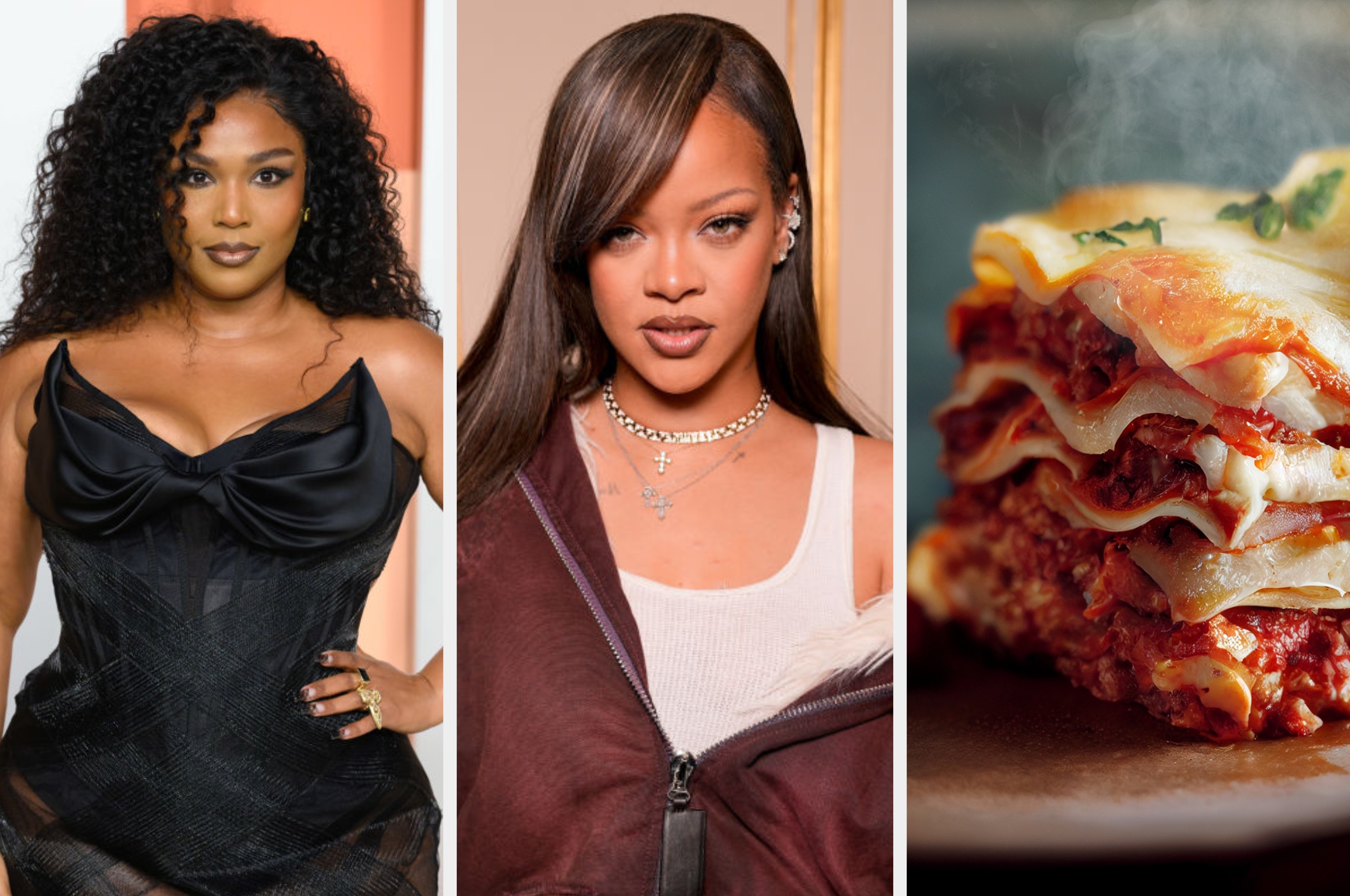 Two celebrities in stylish outfits next to a stack of lasagna