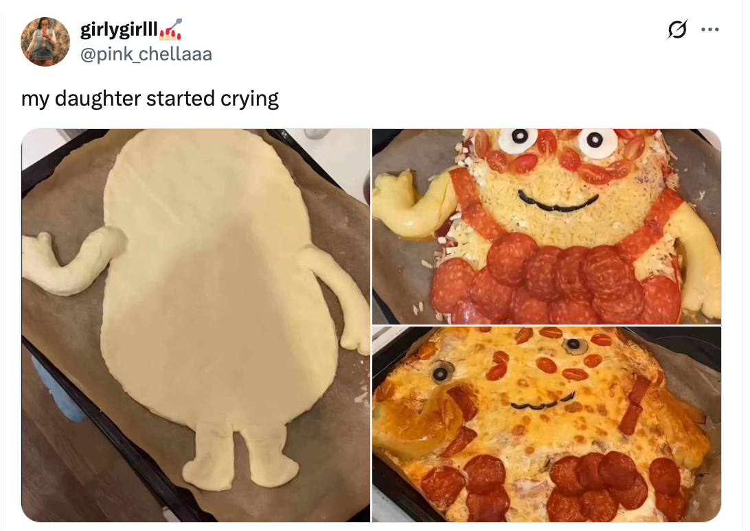 Three pizzas shaped like cartoon characters with cheese and pepperoni. Caption reads: &quot;my daughter started crying&quot;
