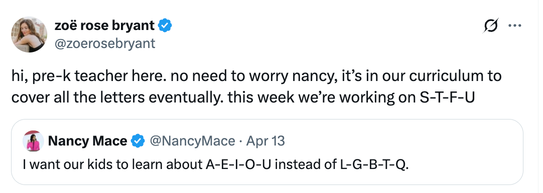 Tweet by Zoë Rose Bryant humorously responds to a call for traditional vowel education over LGBTQ topics, highlighting a playful curriculum twist