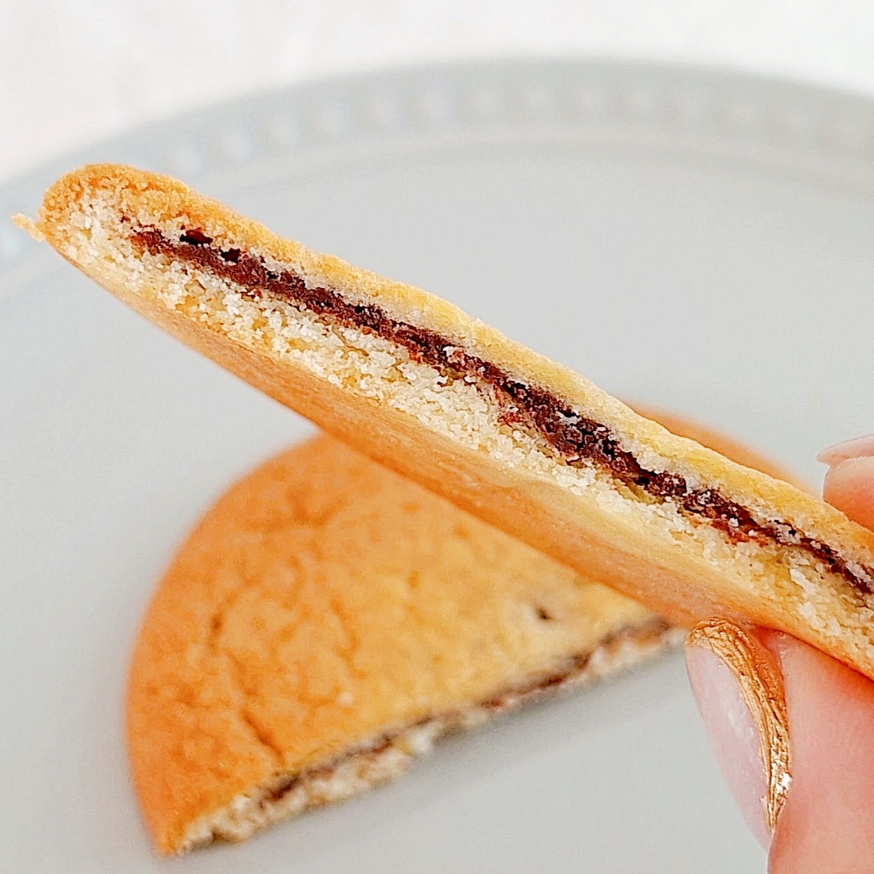 クッキーが半分に割れ、中にチョコクリームが挟まれているのが見えるクローズアップ。