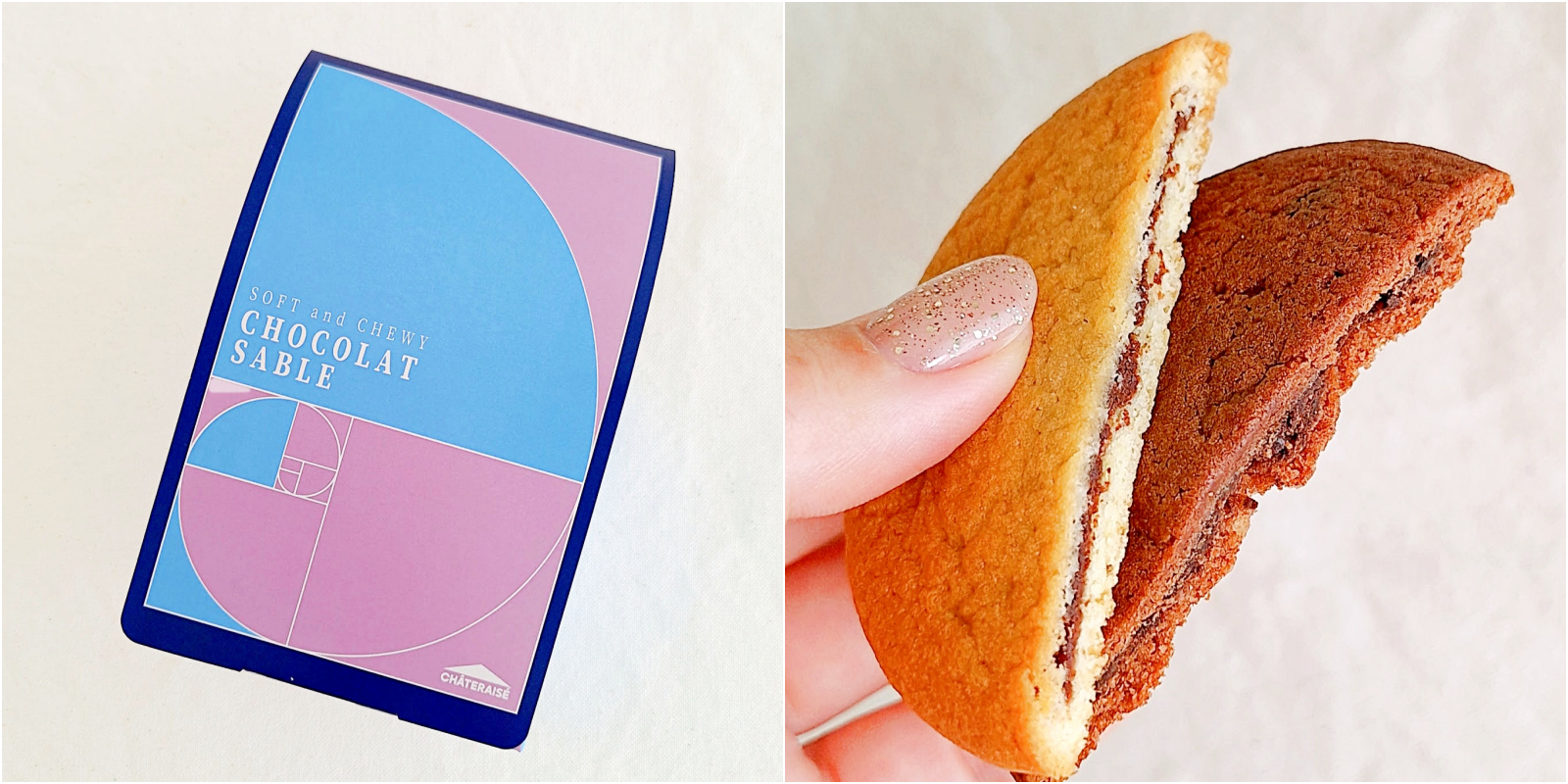 箱入りのチョコレートサブレと手で持たれた2枚のサブレ。