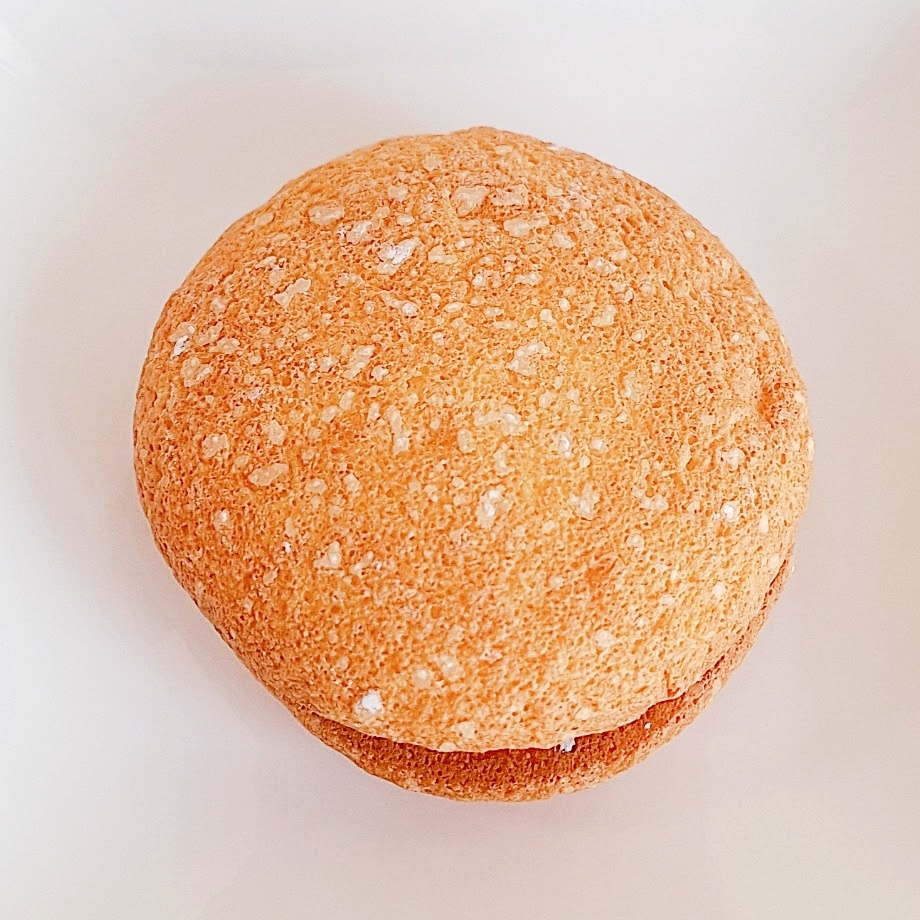丸いパンが一つ写っている。表面には小さな粒状の模様があり、シンプルな見た目。