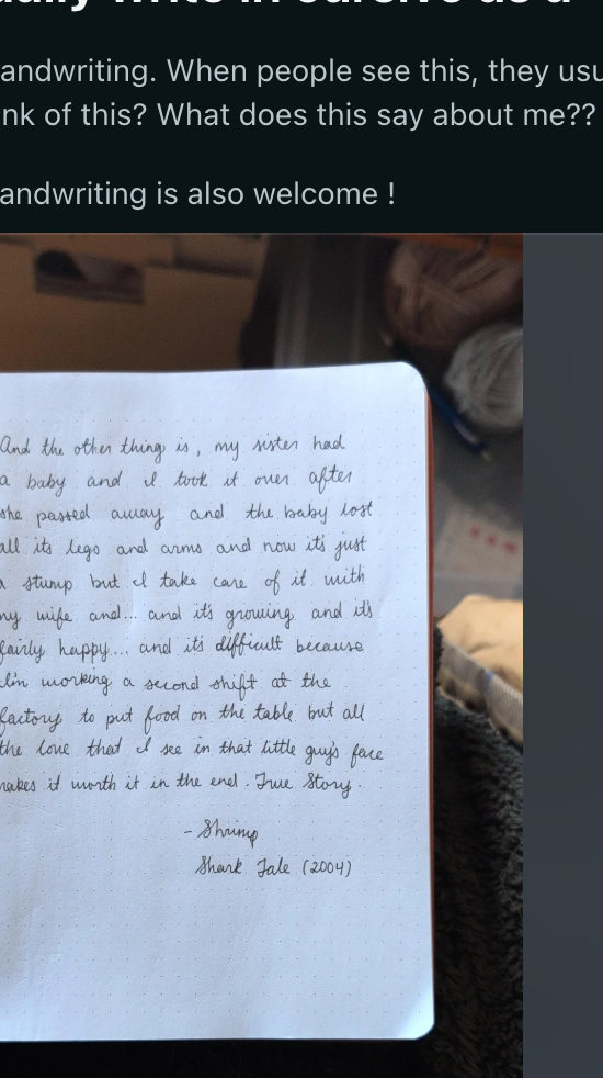 Screenshot of a Reddit post asking if it's odd for a young person to write in cursive; includes cursive handwriting examples on paper