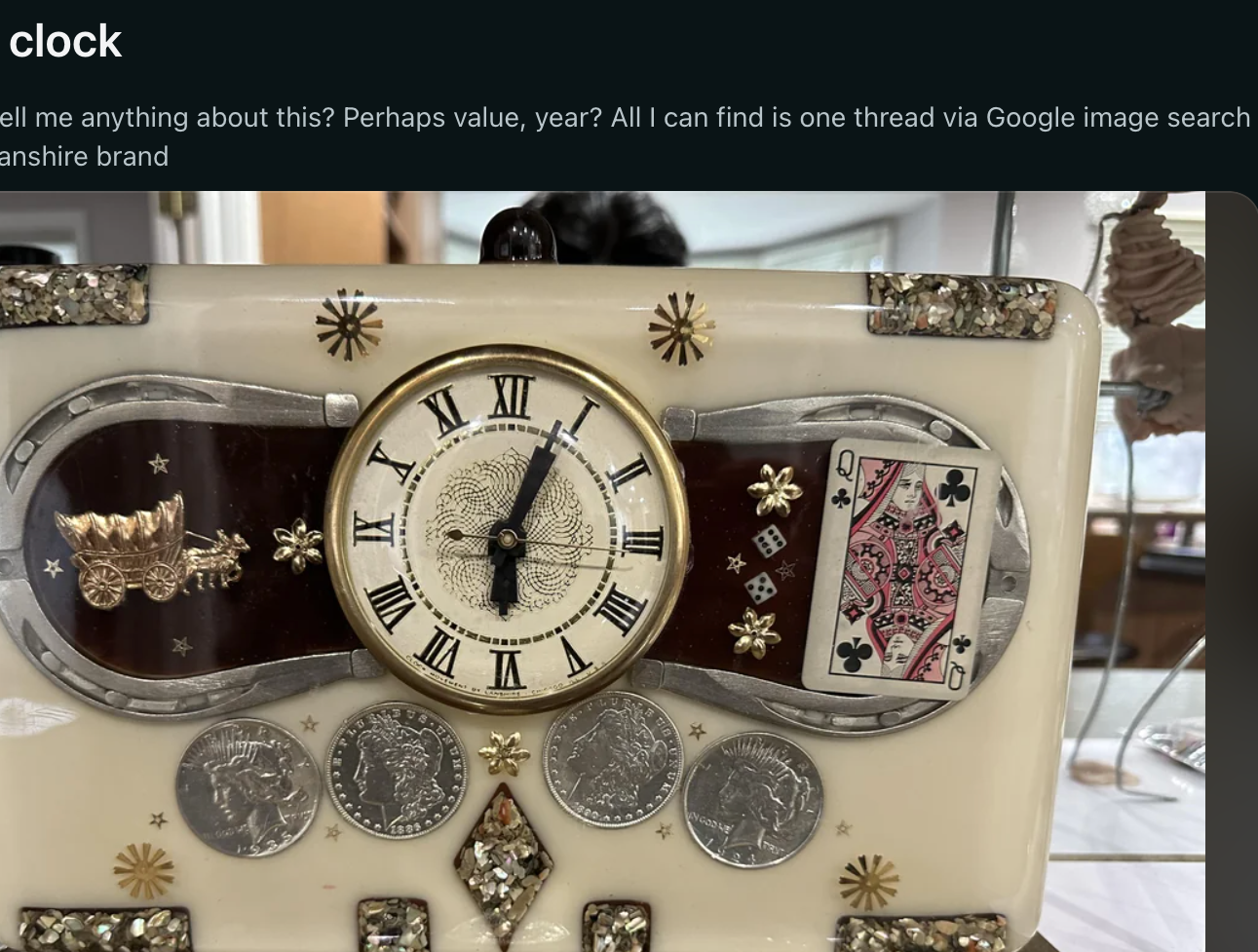 Screenshot of a Reddit post about a vintage clock with ornate design details and various currency symbols