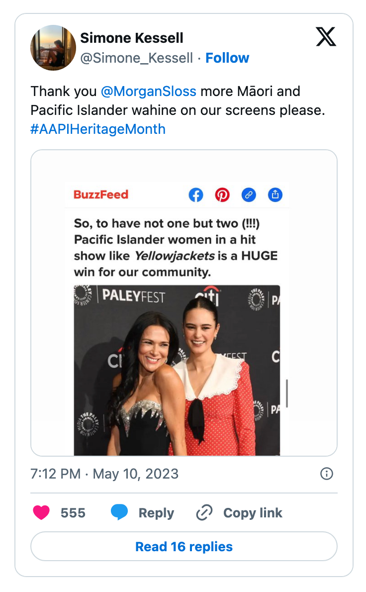 Tweet by Simone Kessell appreciating Morgan Sloss for Asian Pacific Islander representation in media, highlighting the show "Yellowjackets."