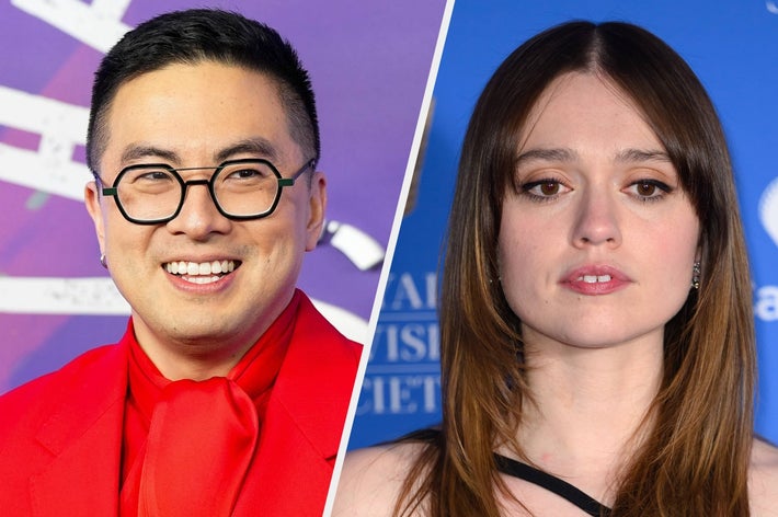 Two people are featured; one wears a vibrant suit with a scarf, and the other has a simple, elegant outfit. Both are in front of photo backdrops