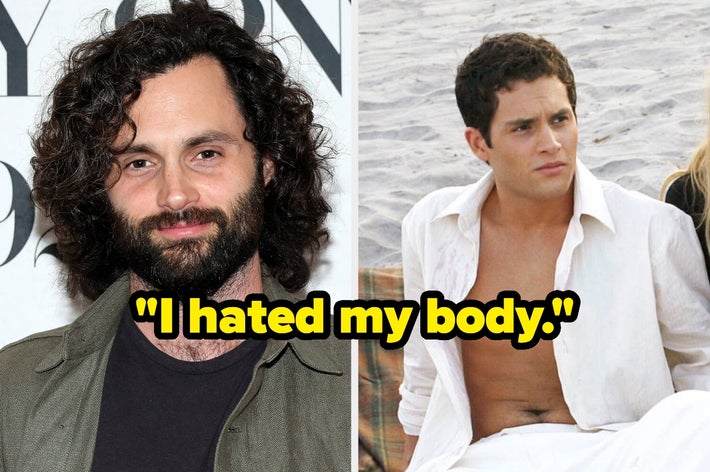 Left: Person with curly hair and beard at an event. Right: Person on beach in open shirt. Text: &ldquo;I hated my body.&quot;