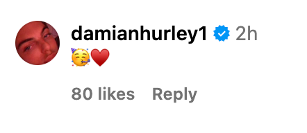 Username "damianhurley1" commented with a party emoji, a heart emoji; post has 80 likes
