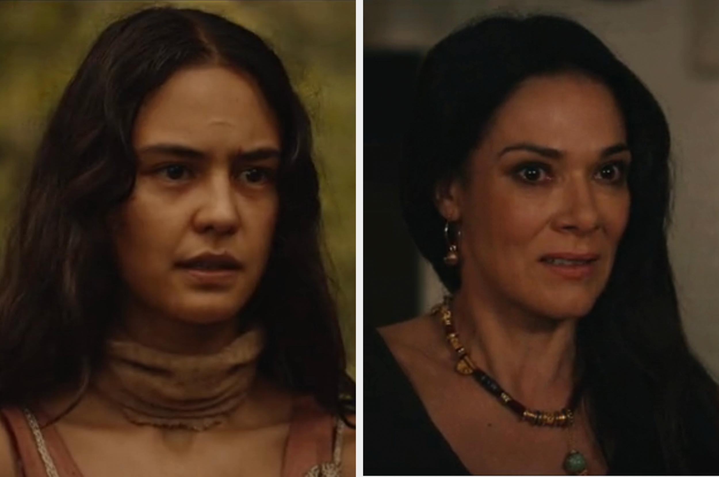 Two women in a film scene. One wears a scarf and has long hair, the other has earrings and a necklace, appearing concerned