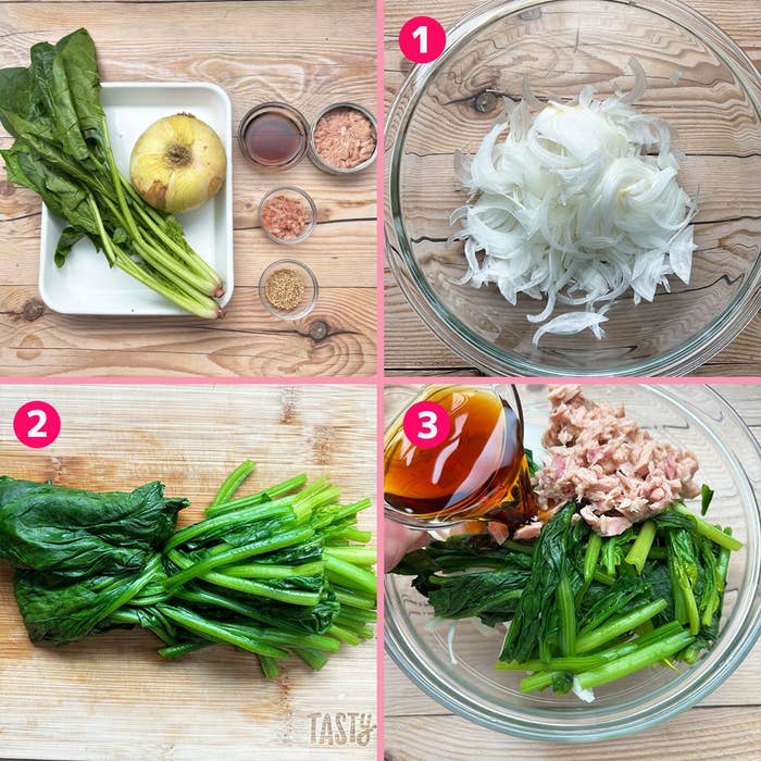 タマネギ、ゴマ、ほうれん草の調理手順。タマネギをスライスし、ほうれん草をボウルに入れ、調味料を加えて混ぜる。