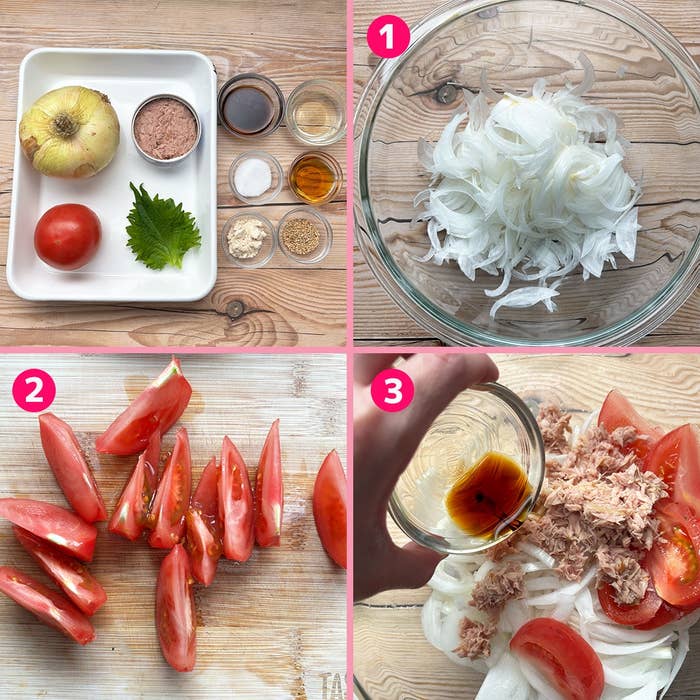 4コマ画像。1:薄切り玉ねぎ。2:切ったトマト。3:玉ねぎとツナにドレッシングをかける様子。