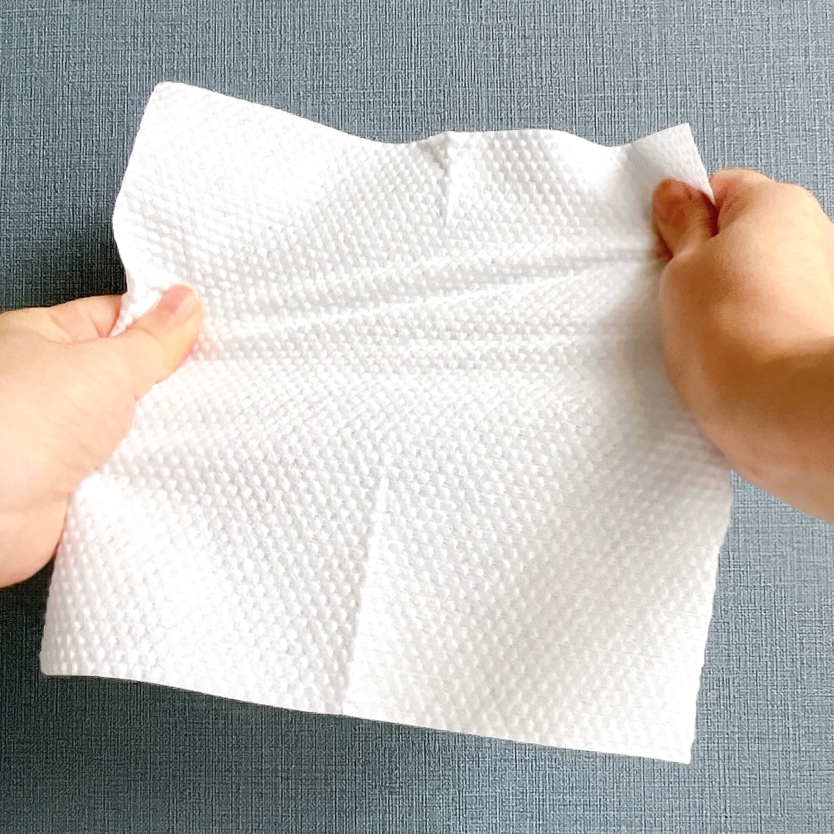 両手で紙タオルを持っている様子。タオルの質感がよく見える。