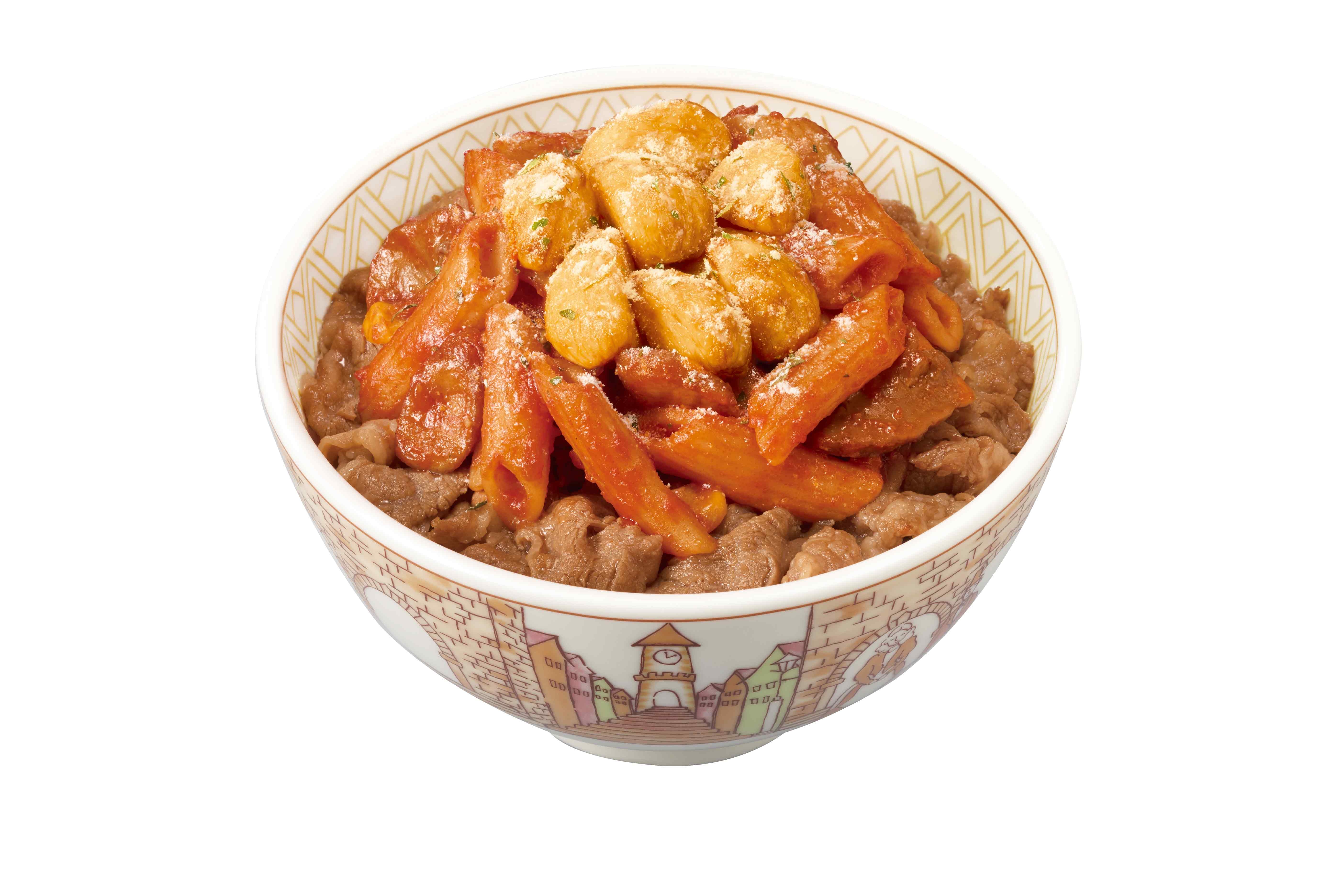 牛丼の上にキムチと揚げニンニクが乗っている料理の写真。