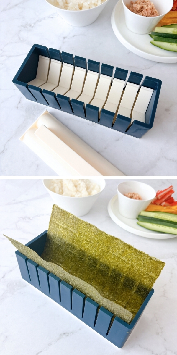 海苔をセットした寿司型と具材が並んでいる調理シーン。