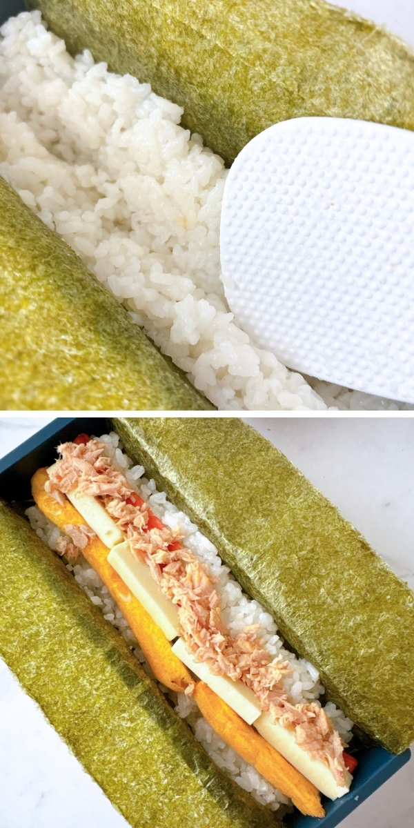 海苔に包まれたご飯、卵、ツナ、チーズの様子。スプーンでご飯をよそるところの写真。