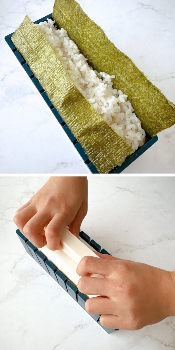 海苔とご飯を巻く寿司メーカーの使用方法を示した2コマの画像。
