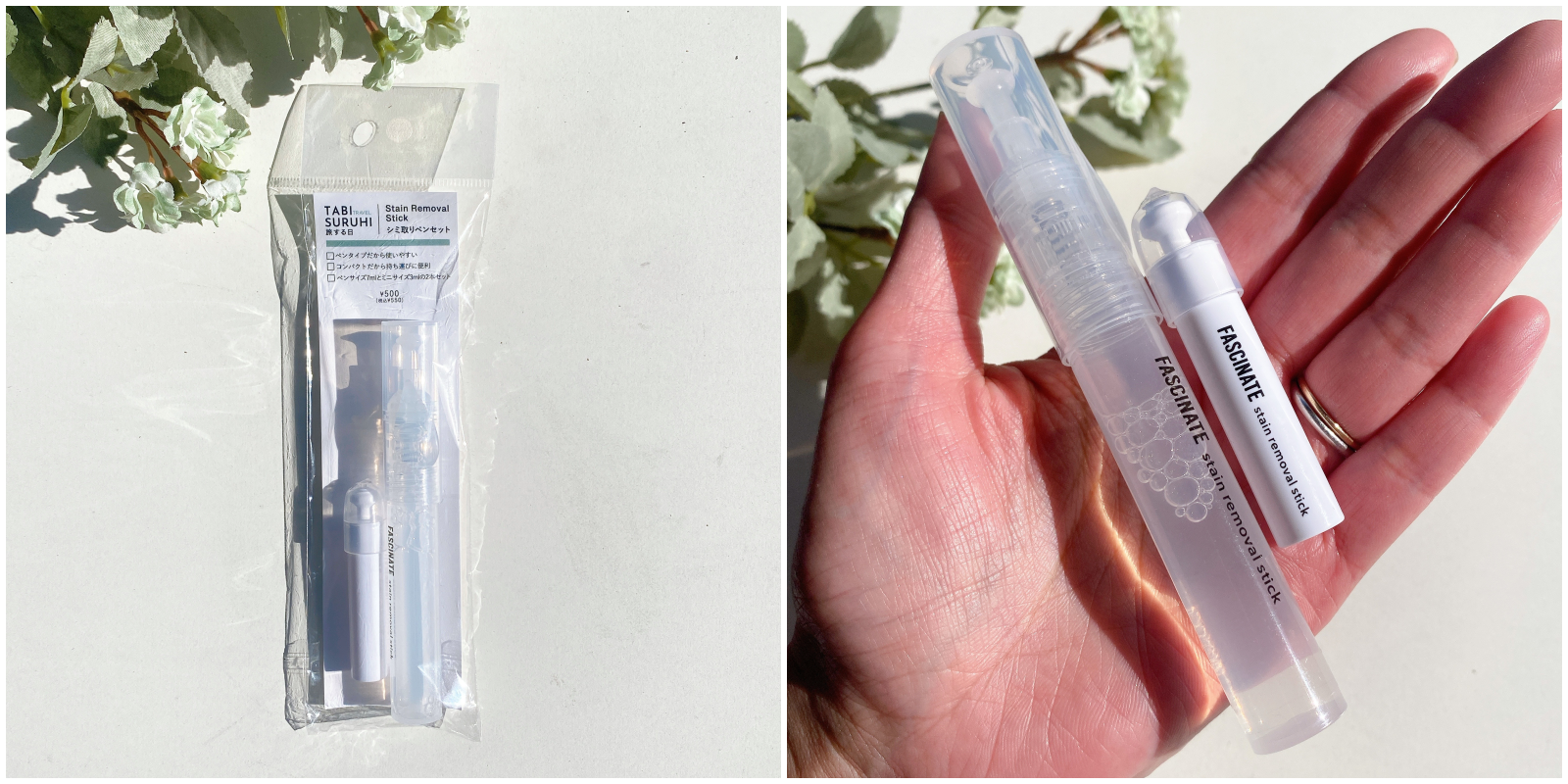 手のひらに乗った透明なチューブ式の香水。「TABU Le Secret」と書かれている。パッケージも隣に置かれている。