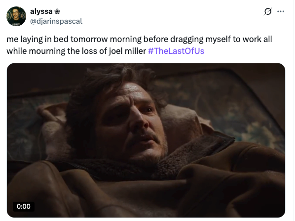 A tweet referencing Joel lying awake and saying this is what it will be like dragging yourself to work after watching his death