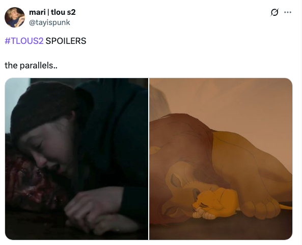 A parallel of Ellie hugging Joel's body vs. Simba hugging Mufasa's body in The Lion King