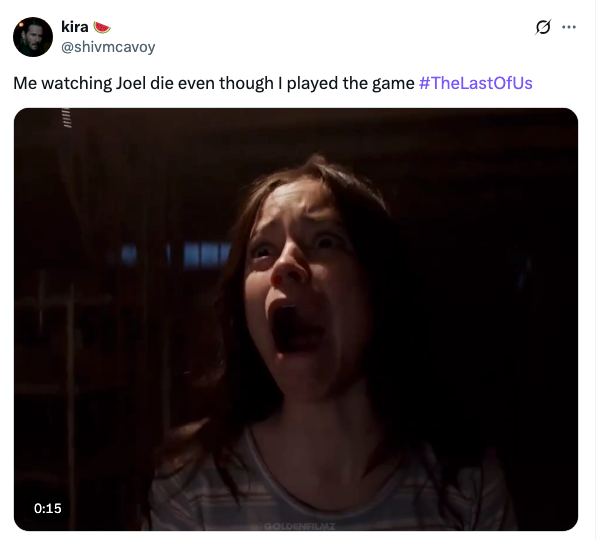 Jenna Ortega screaming with a caption talking about being a gamer but still screaming when Joel died