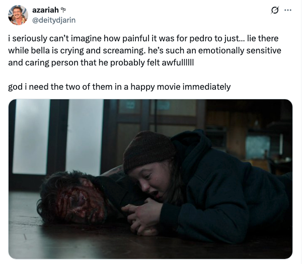 A tweet pointing out how hard it must've been for Pedro and Bella to film Joel's death