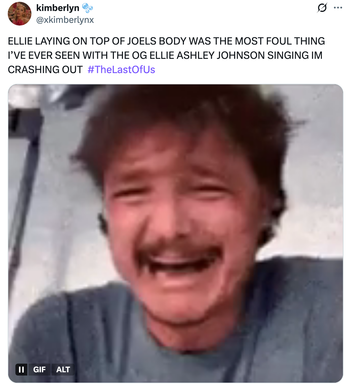 A meme of Pedro Pascal crying with the caption talking about how "foul" it was to see Ellie crawling to Joel's body while Ashley Johnson singing played
