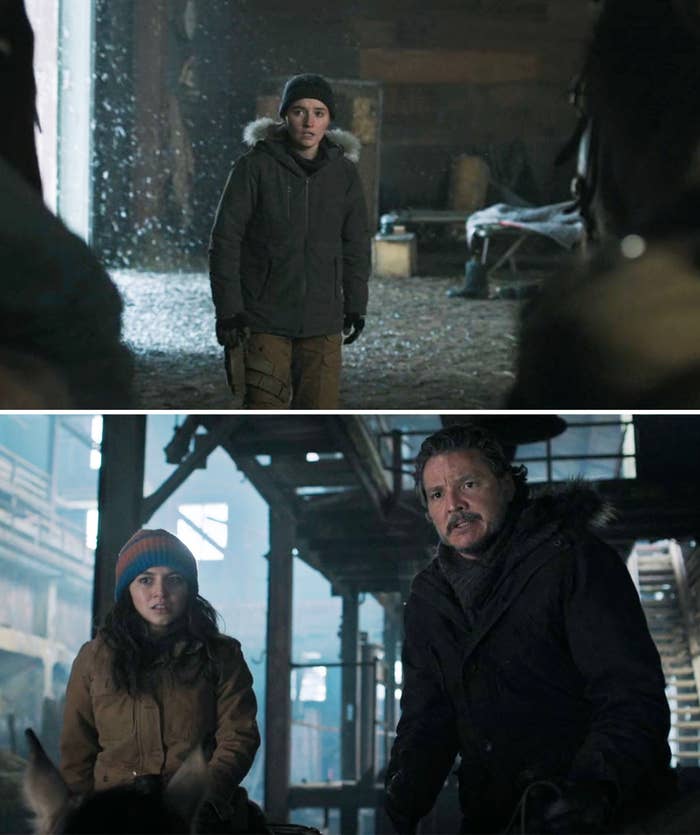 A scene from The Last of Us showing Abby talking to Dina and Joel in a barn