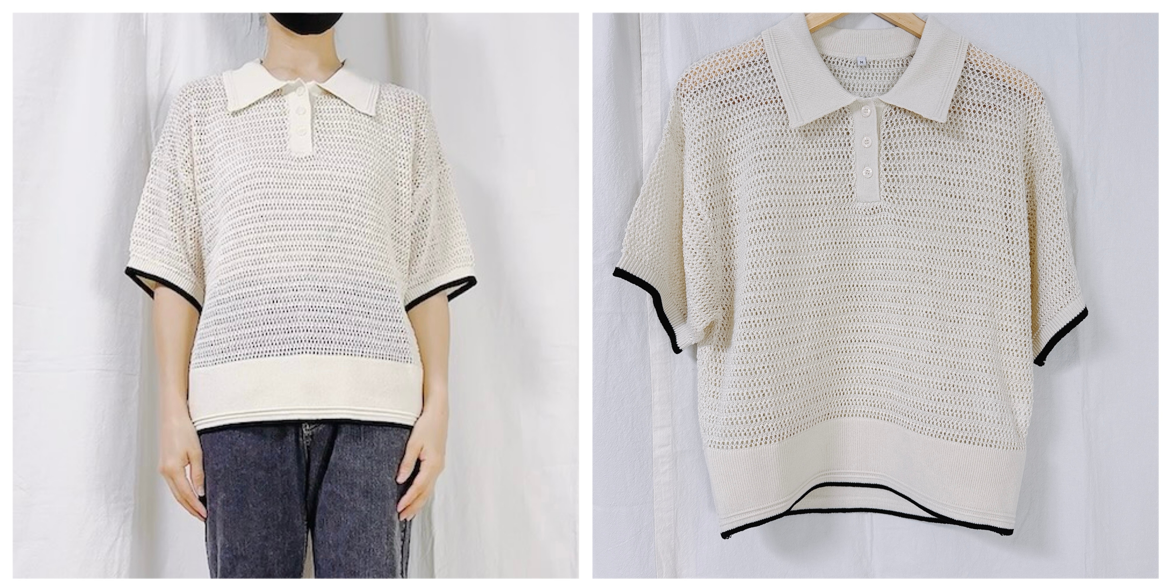 Person wearing a knit collared shirt with black-trimmed sleeves and hem, paired with jeans; shirt is displayed on a hanger in the second view