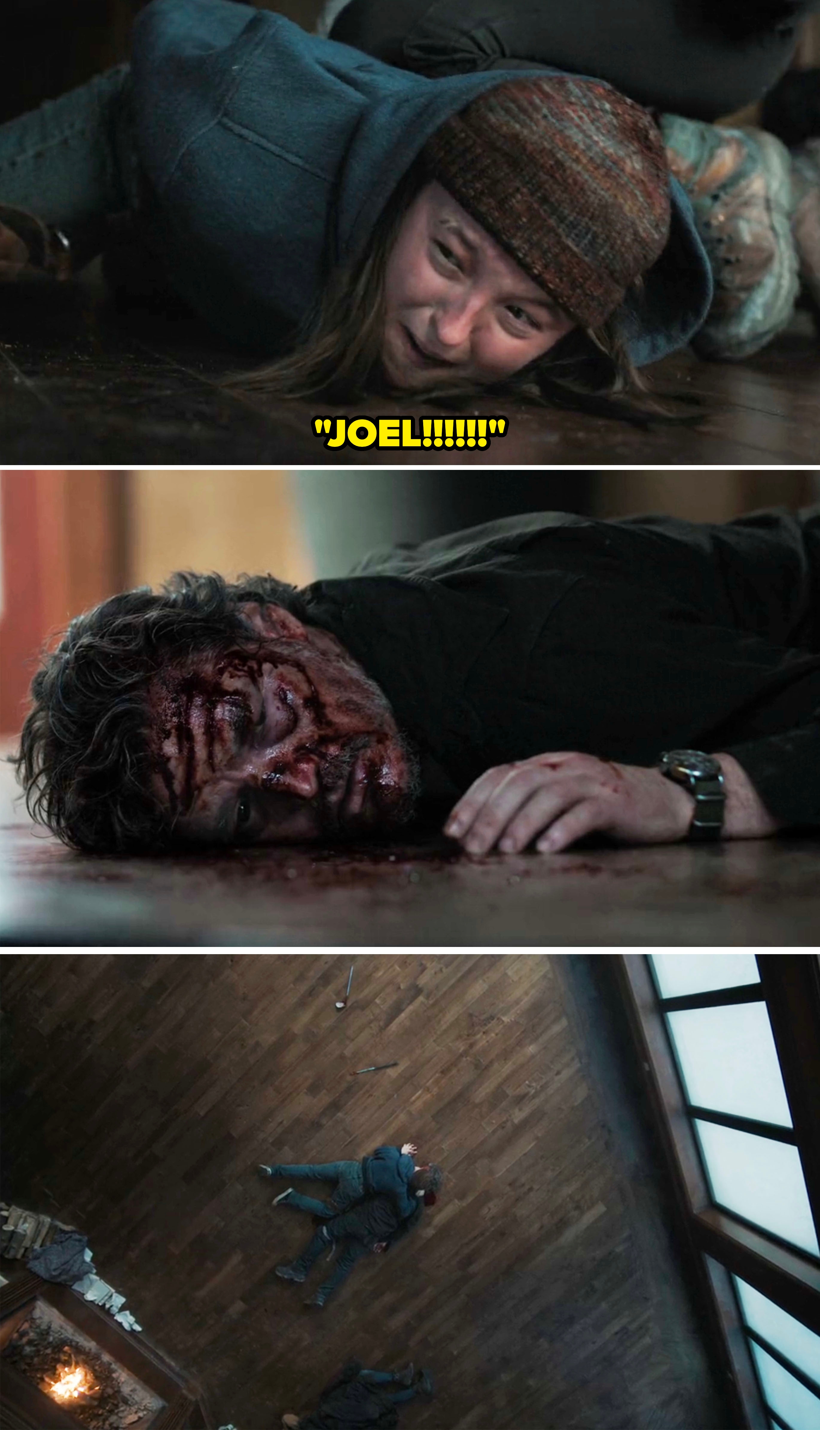 Ellie sobbing and screaming Joel, with a close-up showing Joel's bloody face and then Ellie lying on top of him