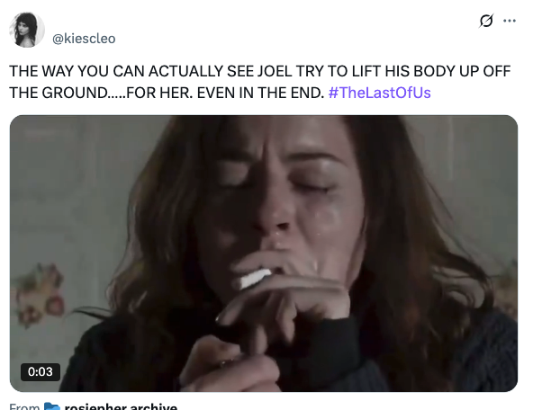 A tweet talking about how emotional it was to see Joel trying to get up