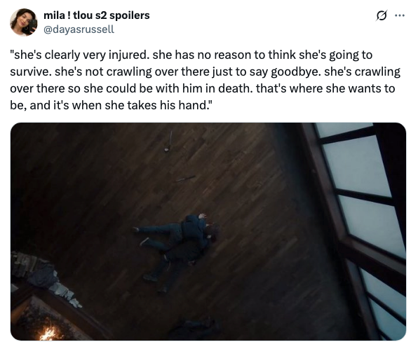 Ellie lying on Joel's body with the caption talking about how Ellie thought she was also going to die and she wanted to be close to Joel