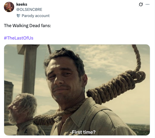 A man with a noose looks calmly ahead with the caption "First time?" with a caption reading "The Walking Dead fans"