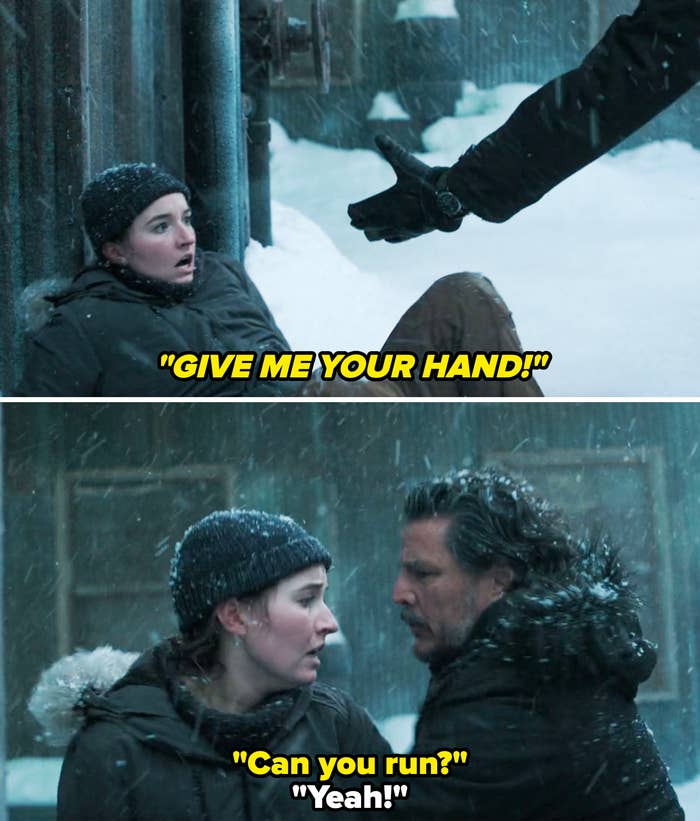 Joel screaming "Give me your hand" and helping Abby up out of the snow
