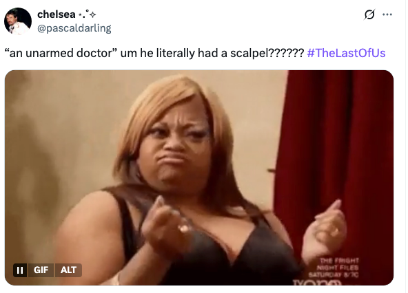 A tweet joking about Abby's line about how the doctor was unarmed but he had a scalpel