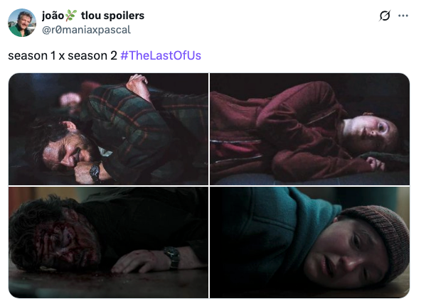 A parallel of Joel and Ellie sleeping on the floor and smiling in Season 1 vs. Ellie crying and seeing Joel's bloody body in Season 2