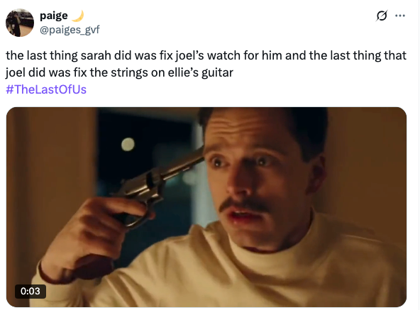A tweet pointing out how the last thing Sarah did was fix Joel's watch and the last thing Joel did was fix Ellie's guitar