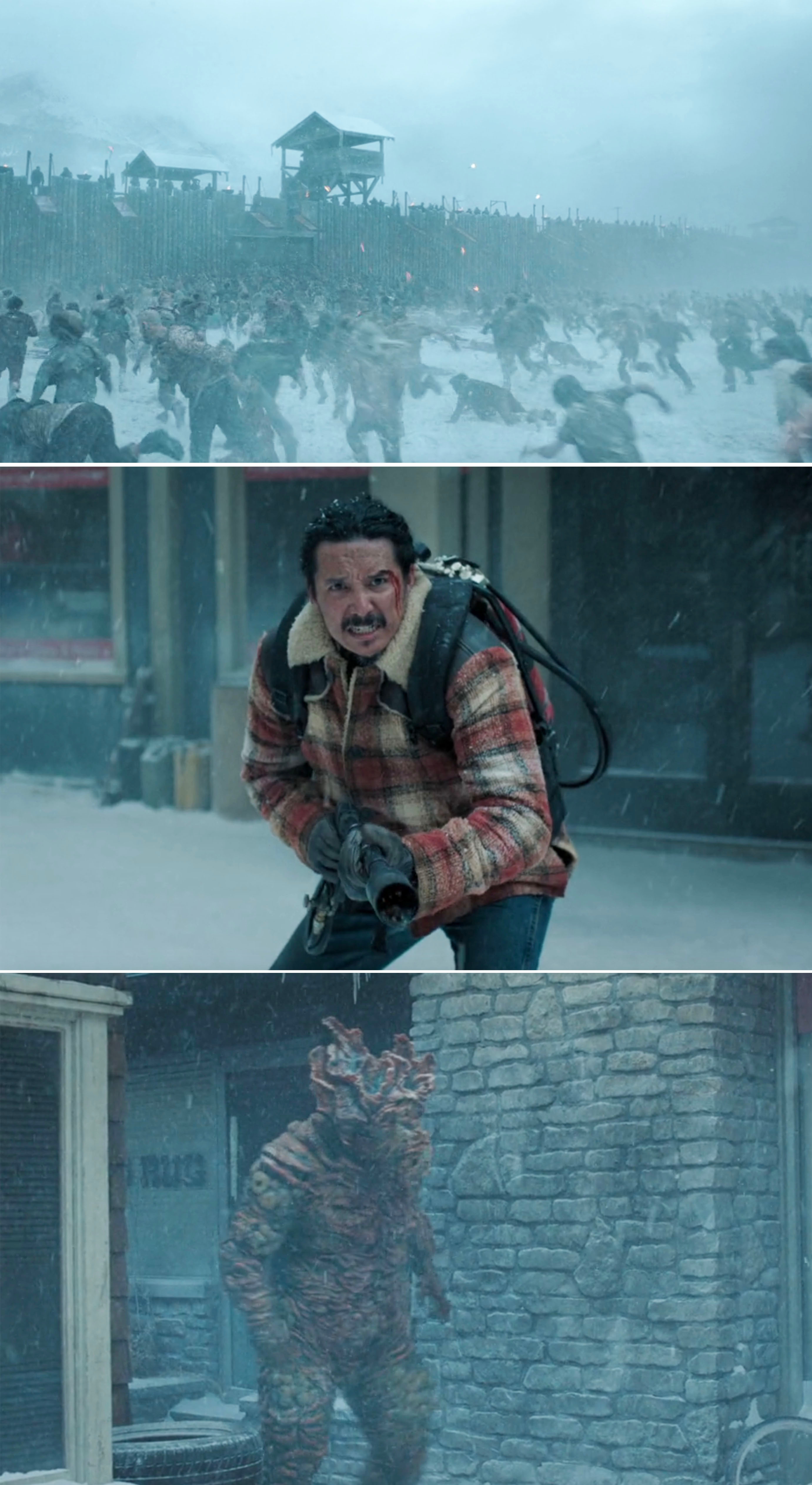 Three scenes that show a hoard of infected converging on the wall at Jackson, and then Tommy with a flamethrower confronting a bloater