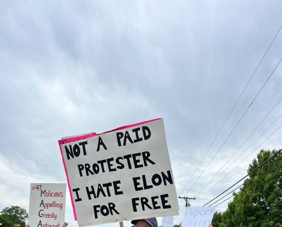 Person holding sign saying "Not a paid protester. I hate Elon for free," with a group of protesters holding various signs in the background
