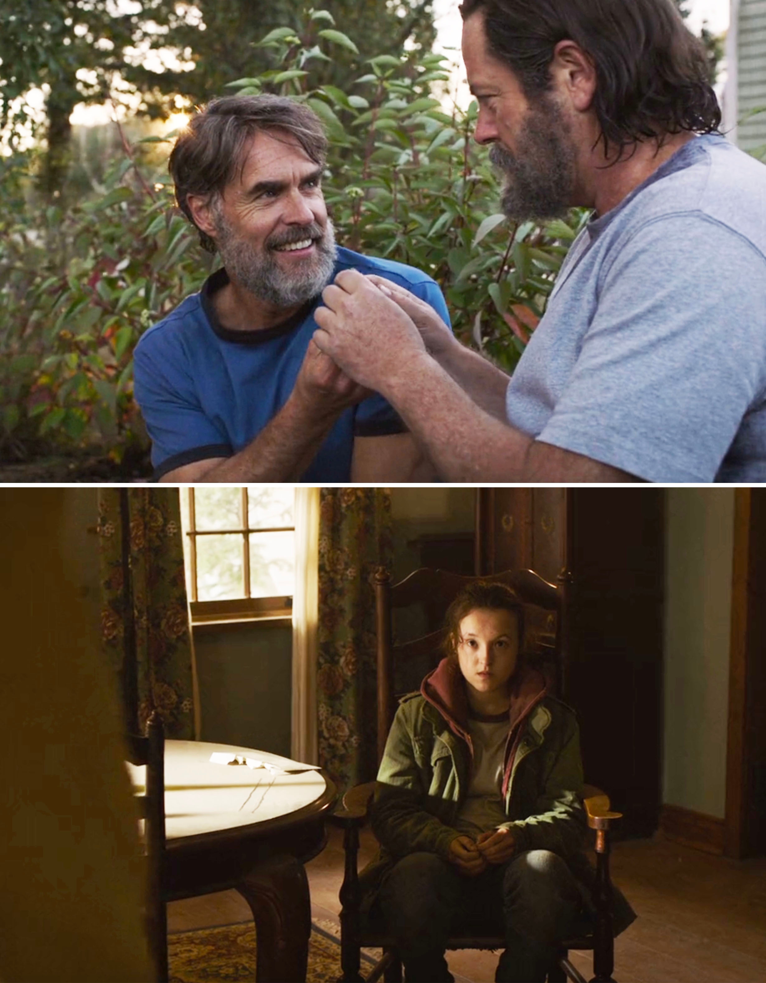 Bill and Frank smiling and holding hands, and Ellie sitting in their house